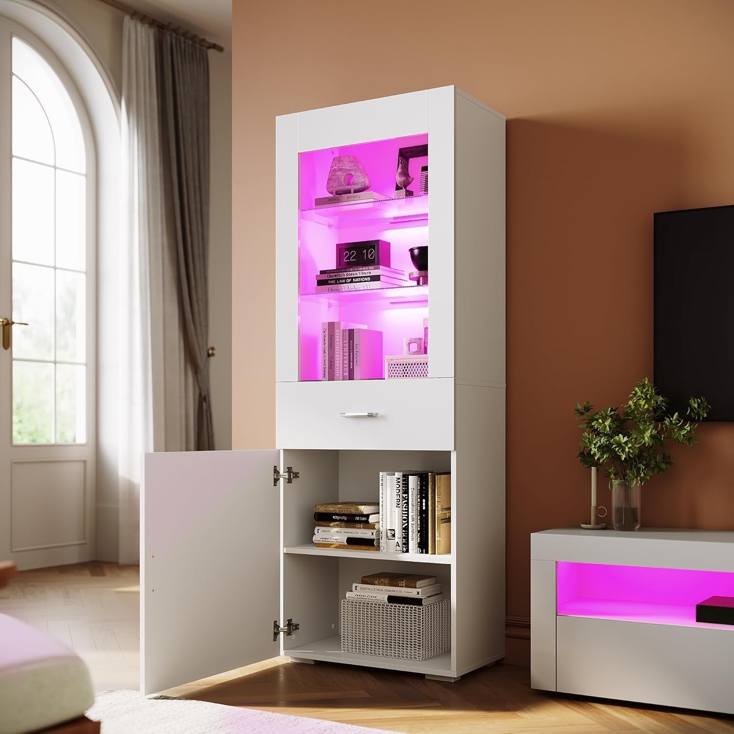 White Gloss Tall LED Display Cabinet 165cm Modern Cupboard with Drawer & Shelves