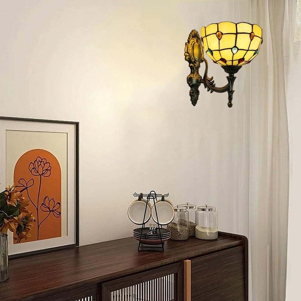 Vintage Indoor Wall Lamp Stained Glass Shade Sconce for Bedroom & Staircase