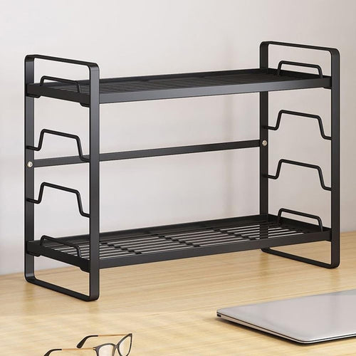 Adjustable Metal Desk Hutch Organizer | Black 2-Tier Desktop Shelf 30cm
