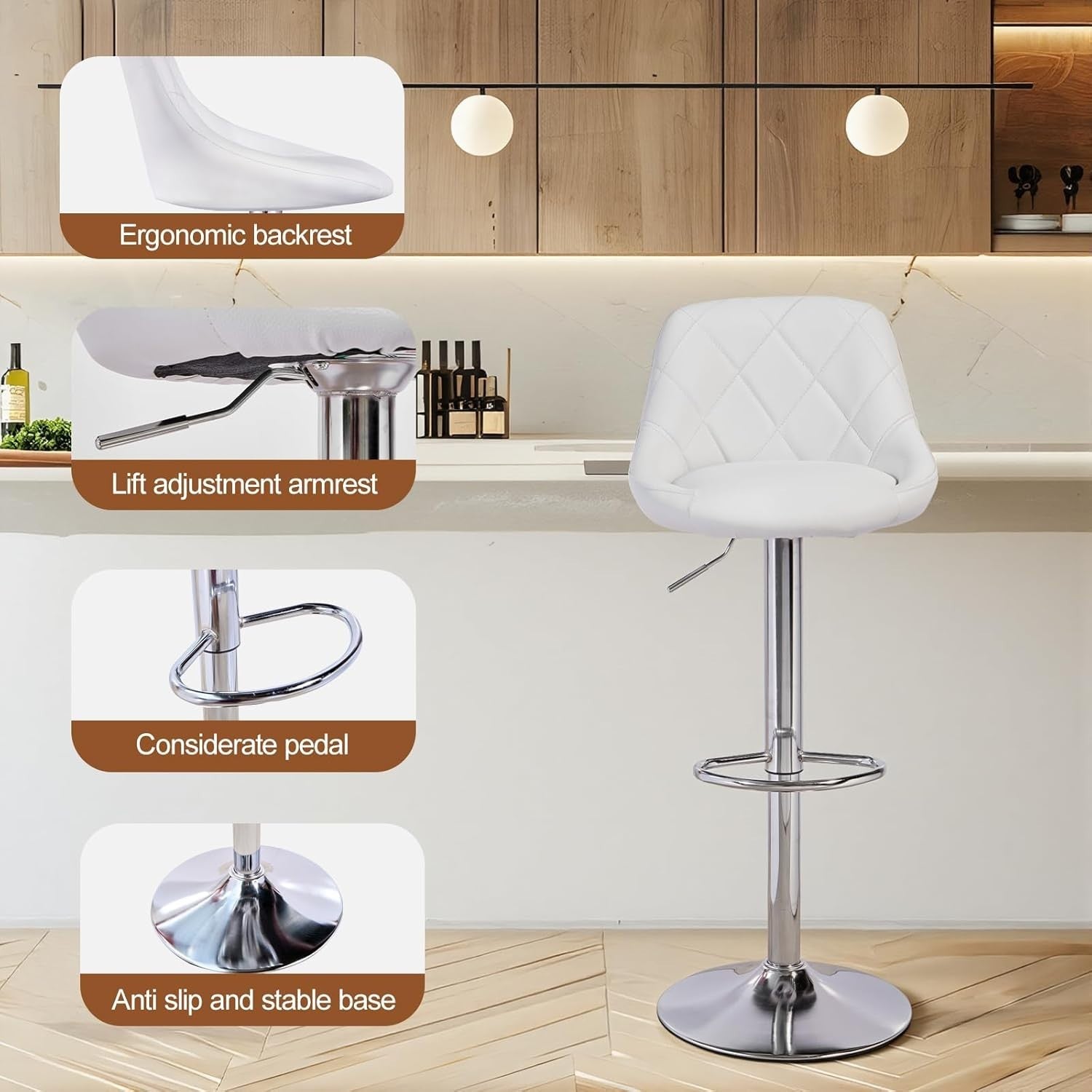 Set of 2 Adjustable Swivel Bar Stools – White Rectangular
