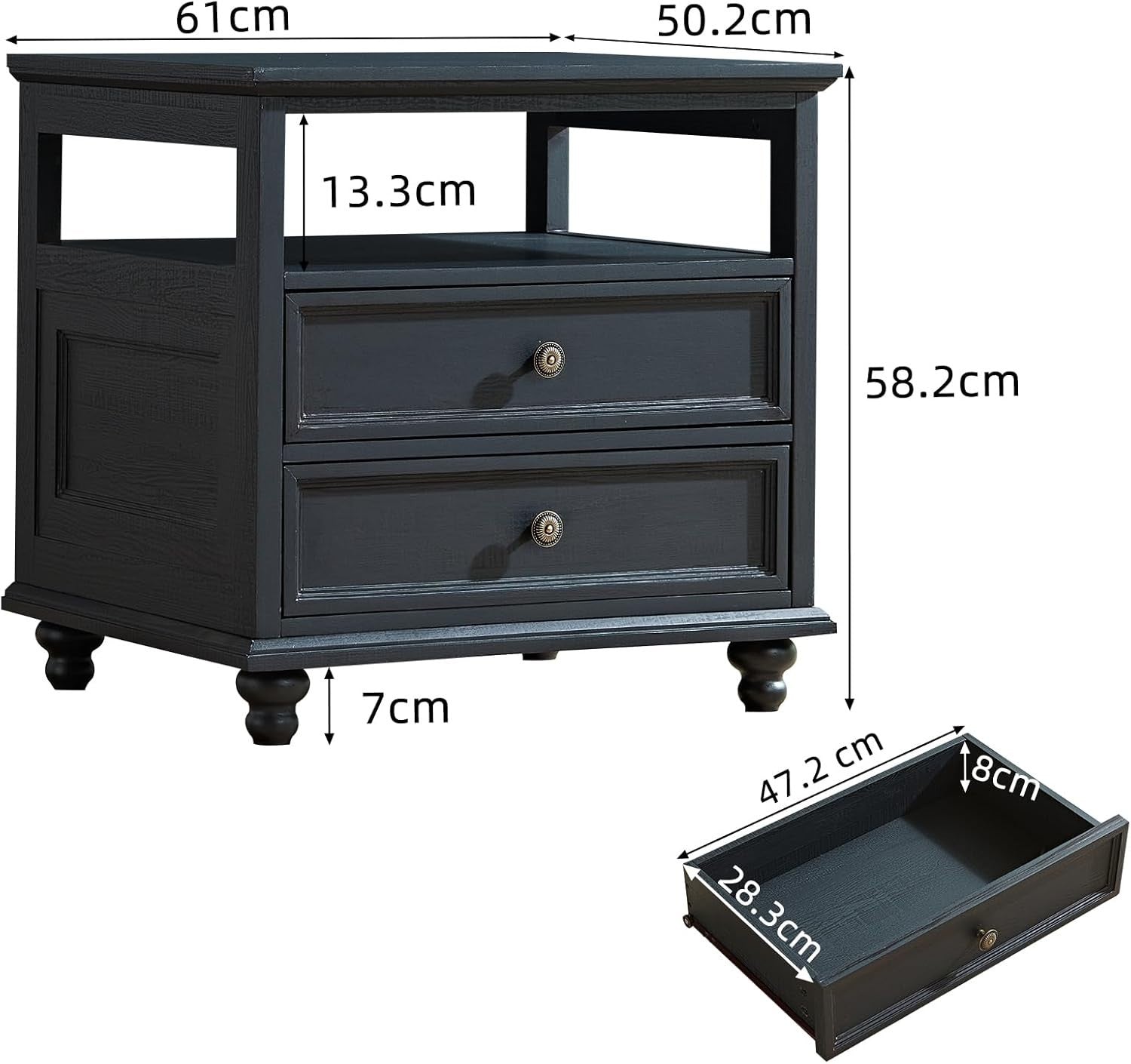 Modern Black Wooden Bedside Table with Drawers & Open Shelf