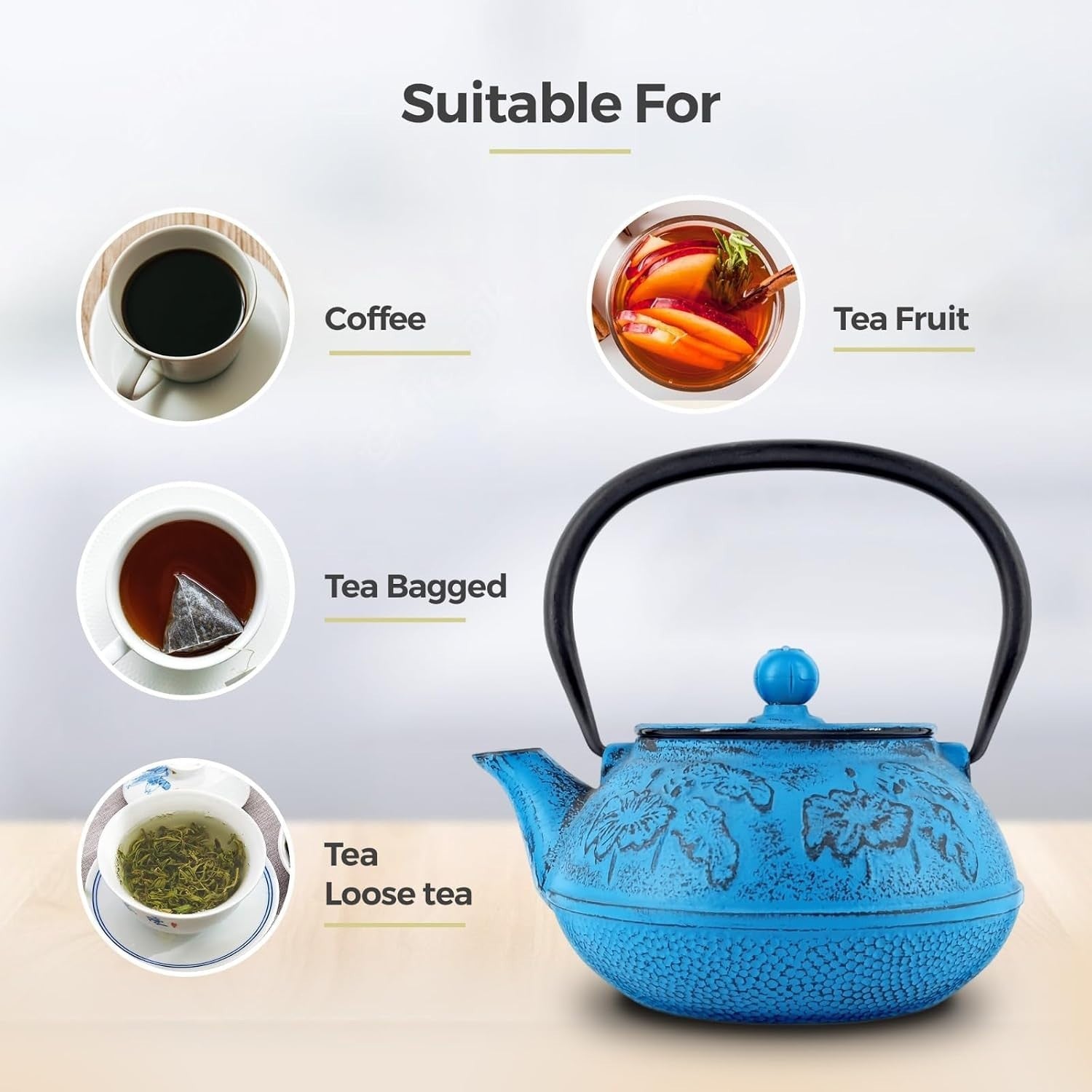 Cast Iron Teapot 900ml Tea Pot w/ Infuser Blue Floral Tetsubin Style