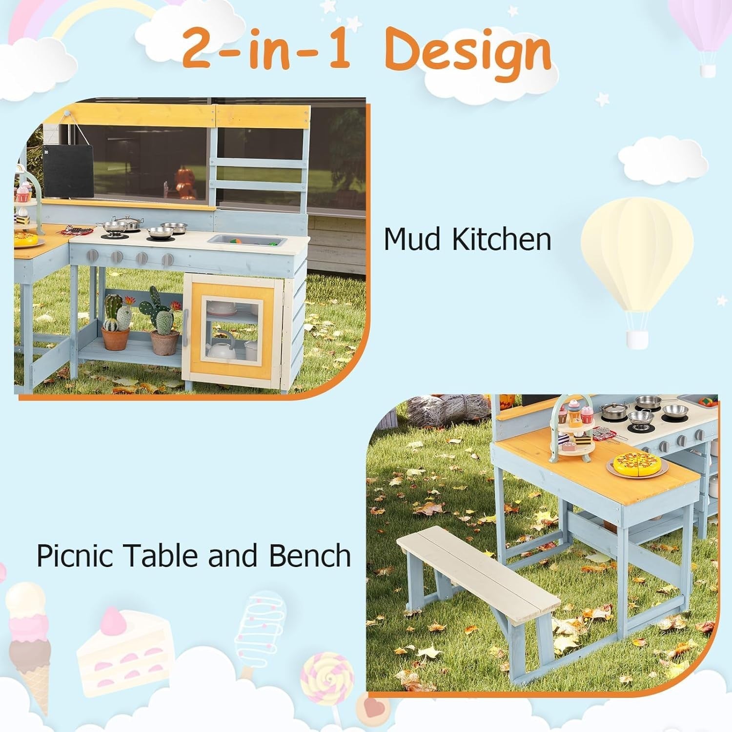 Kids Mud Kitchen Outdoor Wooden Play Kitchen Picnic Table Grey Blue