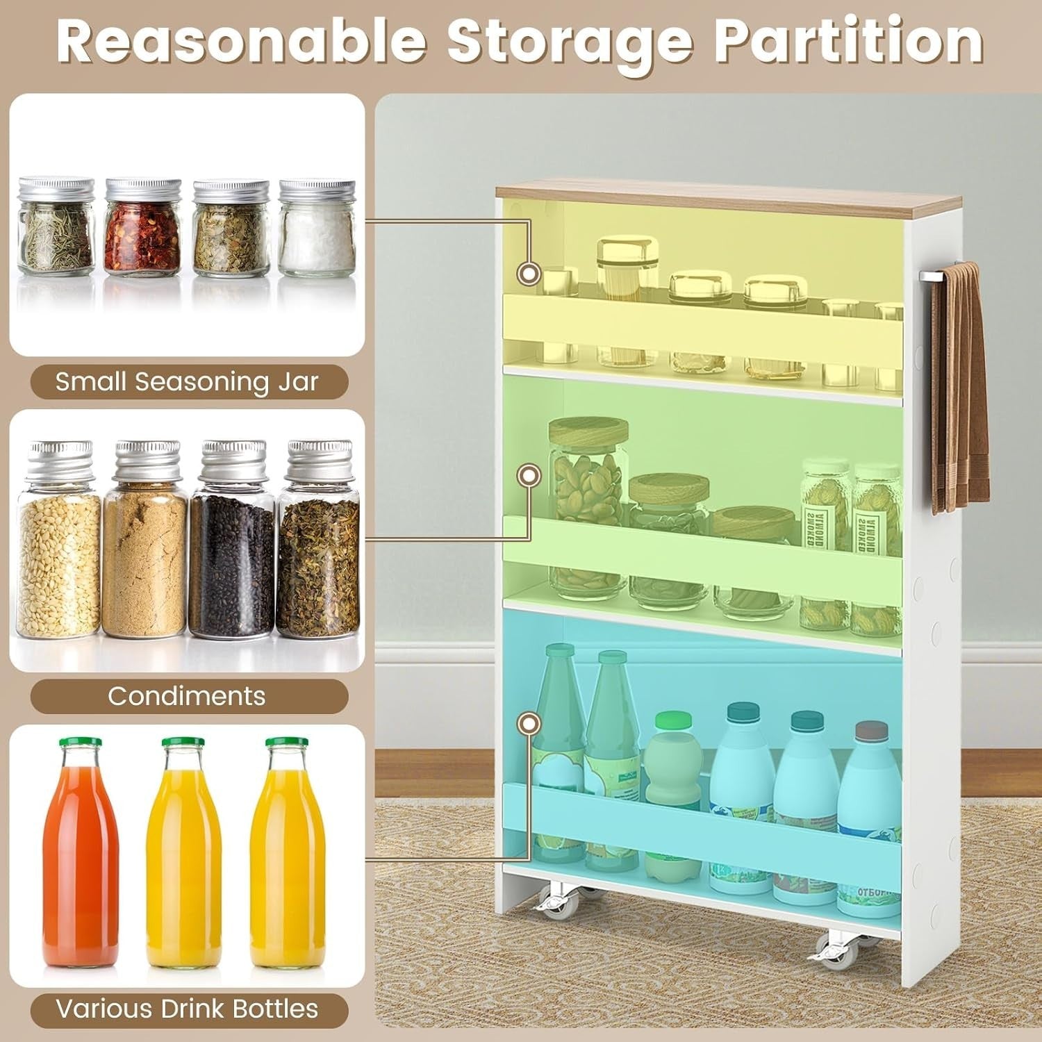 Slim 4 Tier Rolling Storage Trolley Narrow Kitchen Cart White Natural