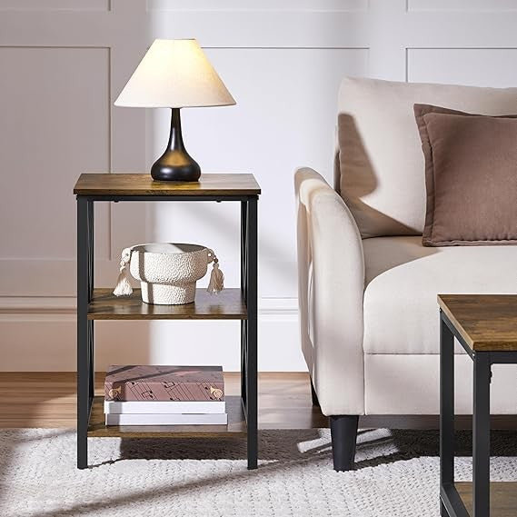 Rustic Brown Bedside Tables Set of 2 | X-Design 3-Tier Industrial Nightstands
