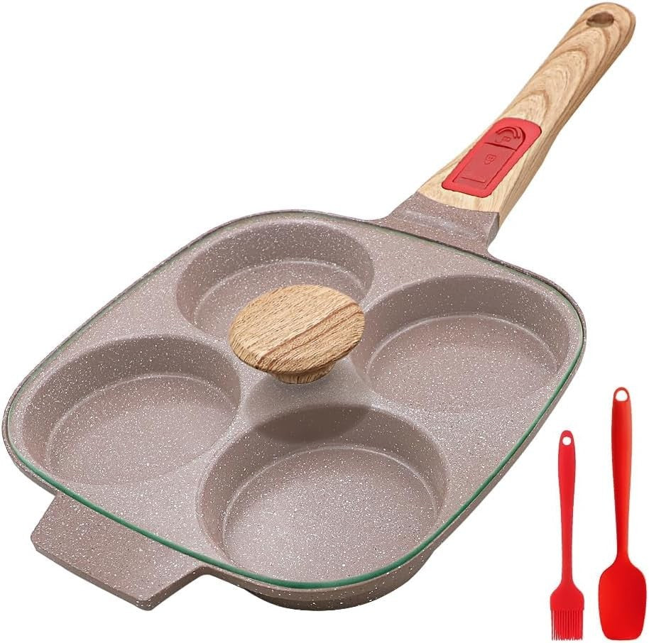 4-Cup Egg Pan Non-Stick Ceramic Pancake Skillet w/ Lid & Detachable Handle Brown