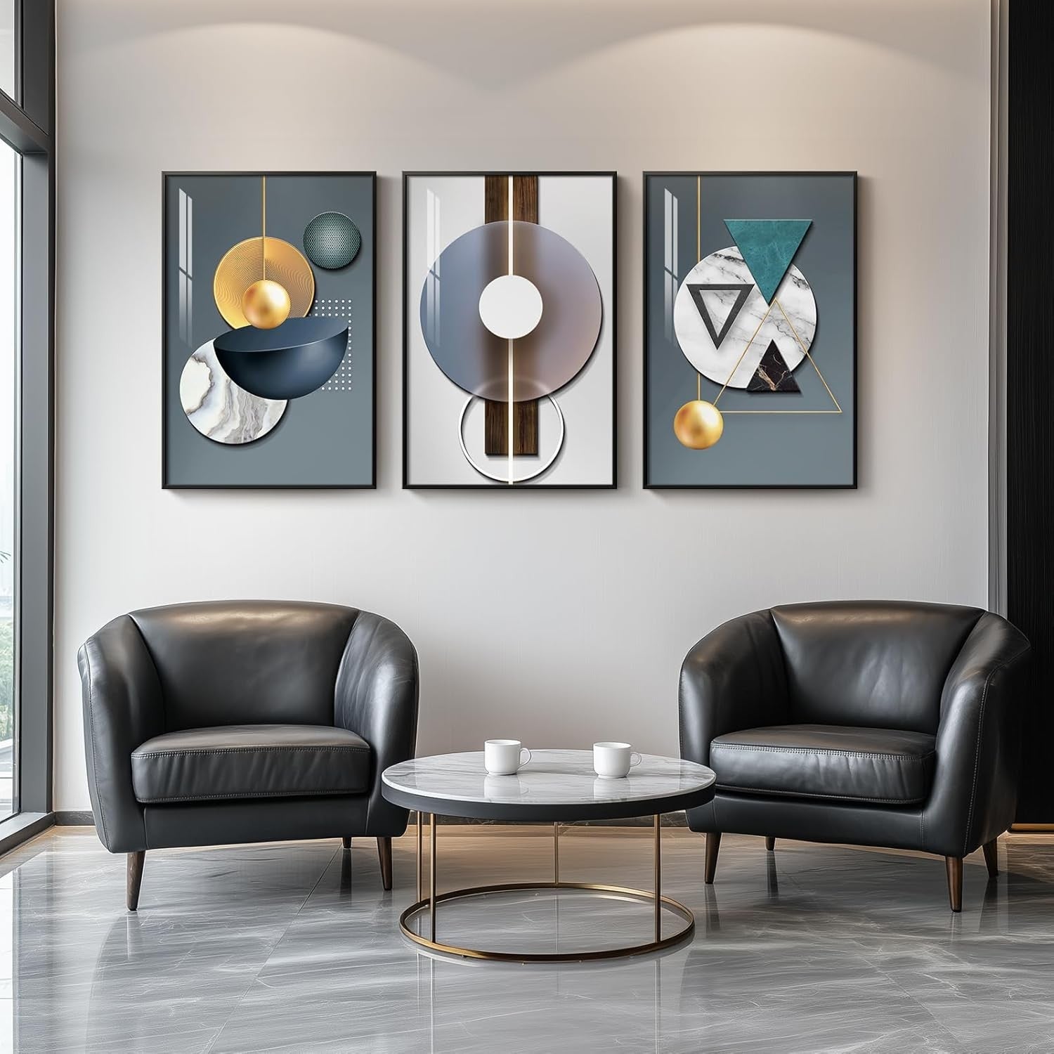 Large Framed Abstract Wall Art Set of 3 Blue Green Prints