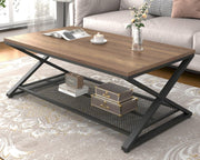 Rustic Oak Coffee Table with Storage Shelf | Industrial 2-Tier Rectangular Table
