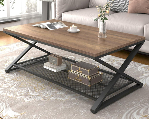 Rustic Oak Coffee Table with Storage Shelf | Industrial 2-Tier Rectangular Table
