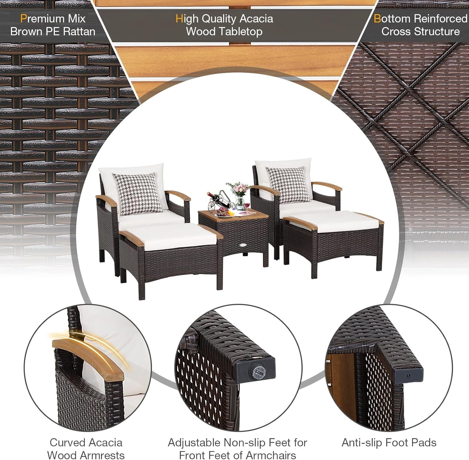 5-Piece Rattan Patio Lounge Set Reclining Chairs Ottomans Acacia Table