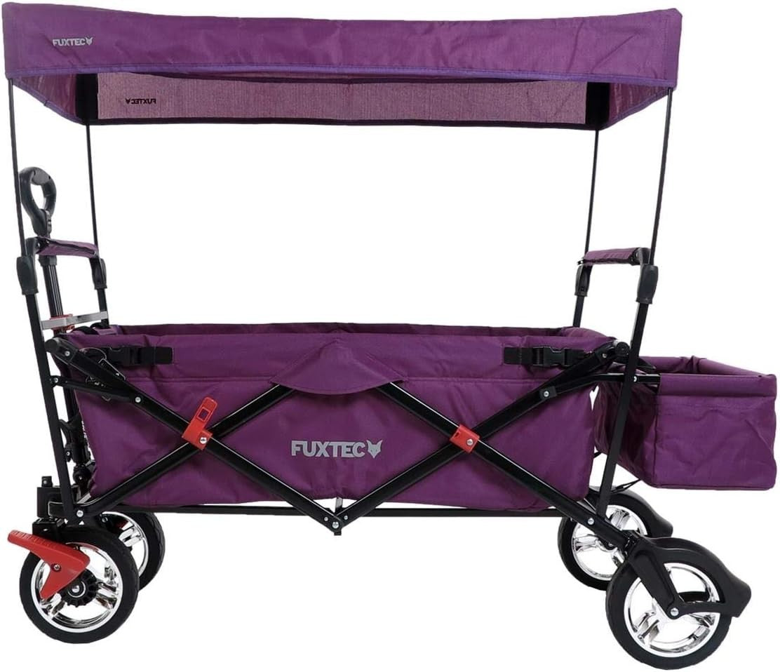 Purple Kids Folding Wagon Push Pull Stroller Cart w/ Canopy & Storage Bag
