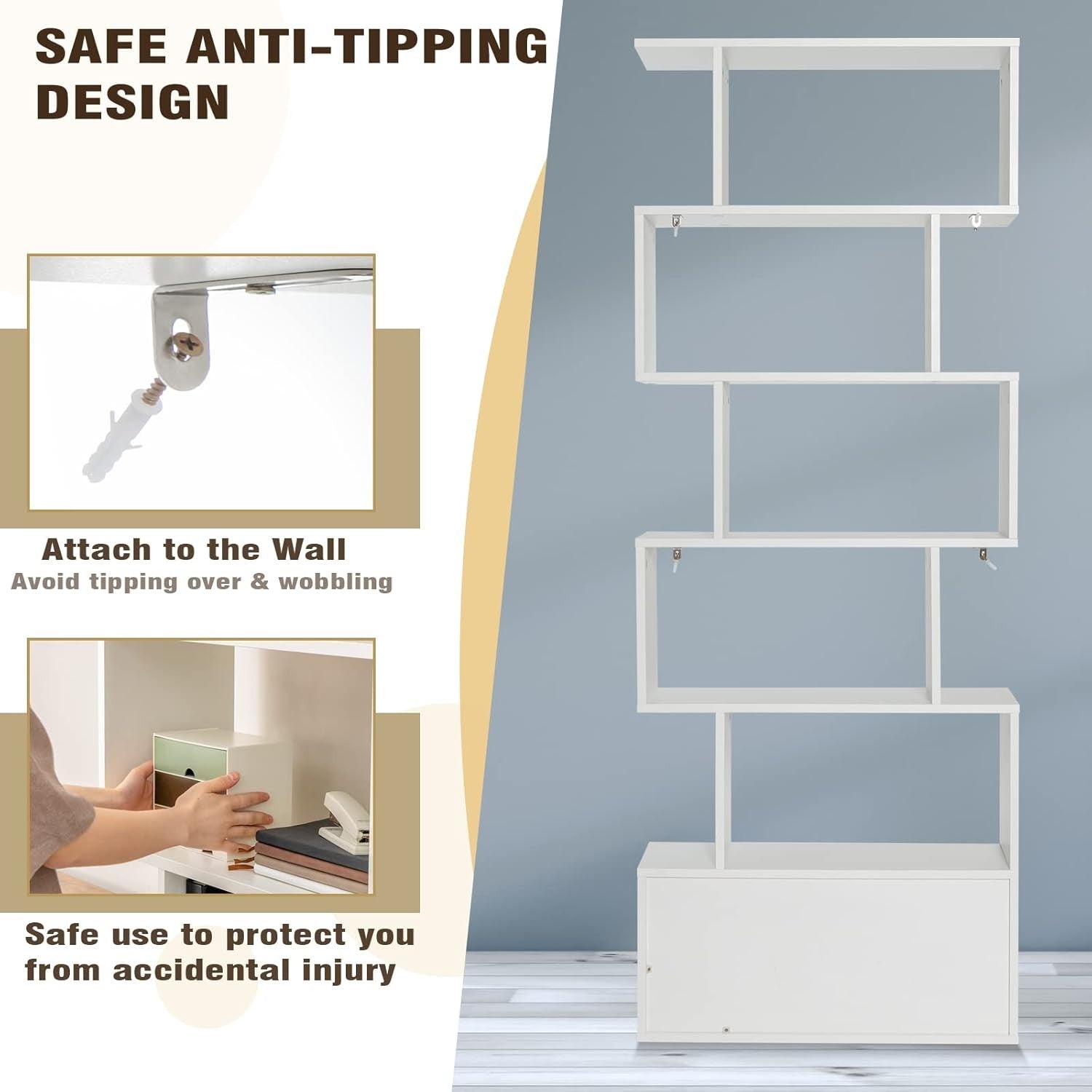 White S-Shaped 6 Tier Bookcase Tall Freestanding Storage Shelf with Cabinet