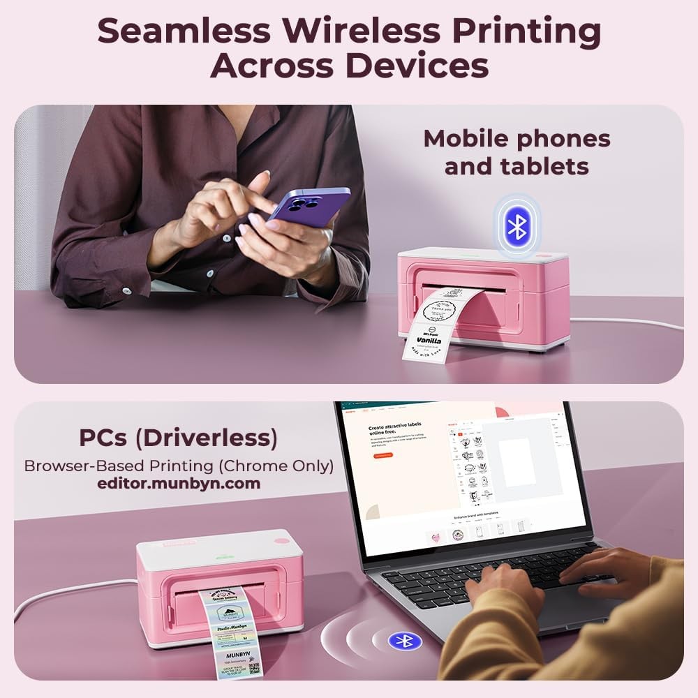 4x6 Bluetooth Thermal Label Printer 300DPI Shipping Pink