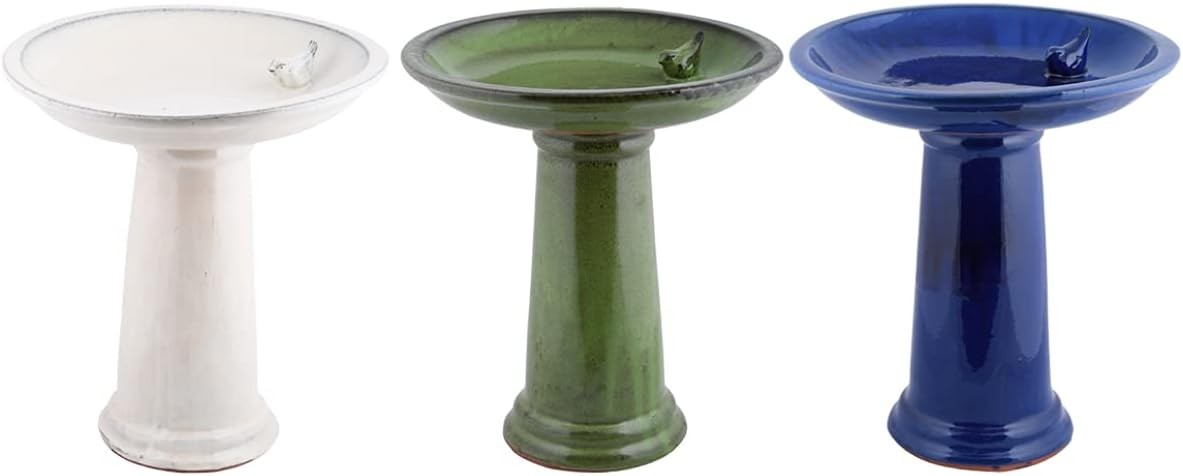 Blue Ceramic Bird Bath Garden Ornament Pedestal Bowl Outdoor Feeder Decor