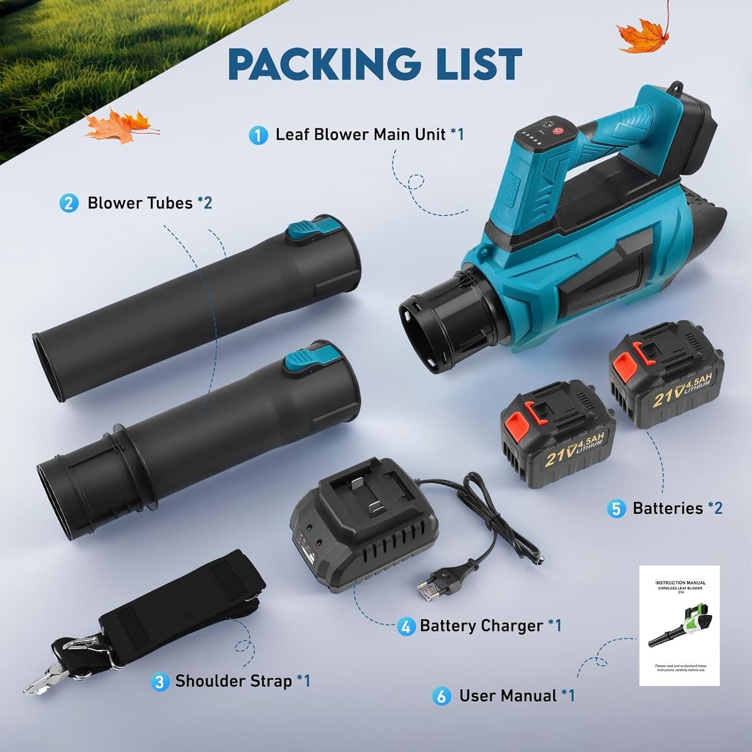 Cordless Leaf Blower 21V Dual Battery 5 Speed Turbo Handheld Garden