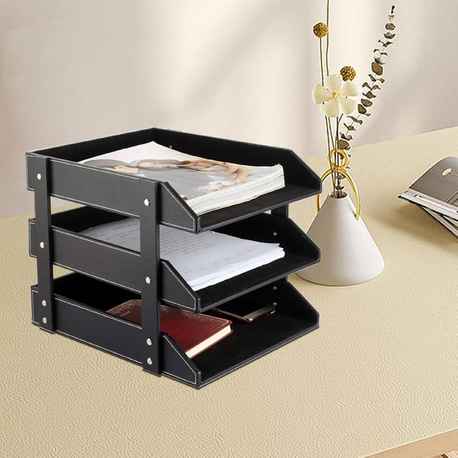 Stackable Leather Desk Organizer 3-Tier Letter Tray Office Storage Black