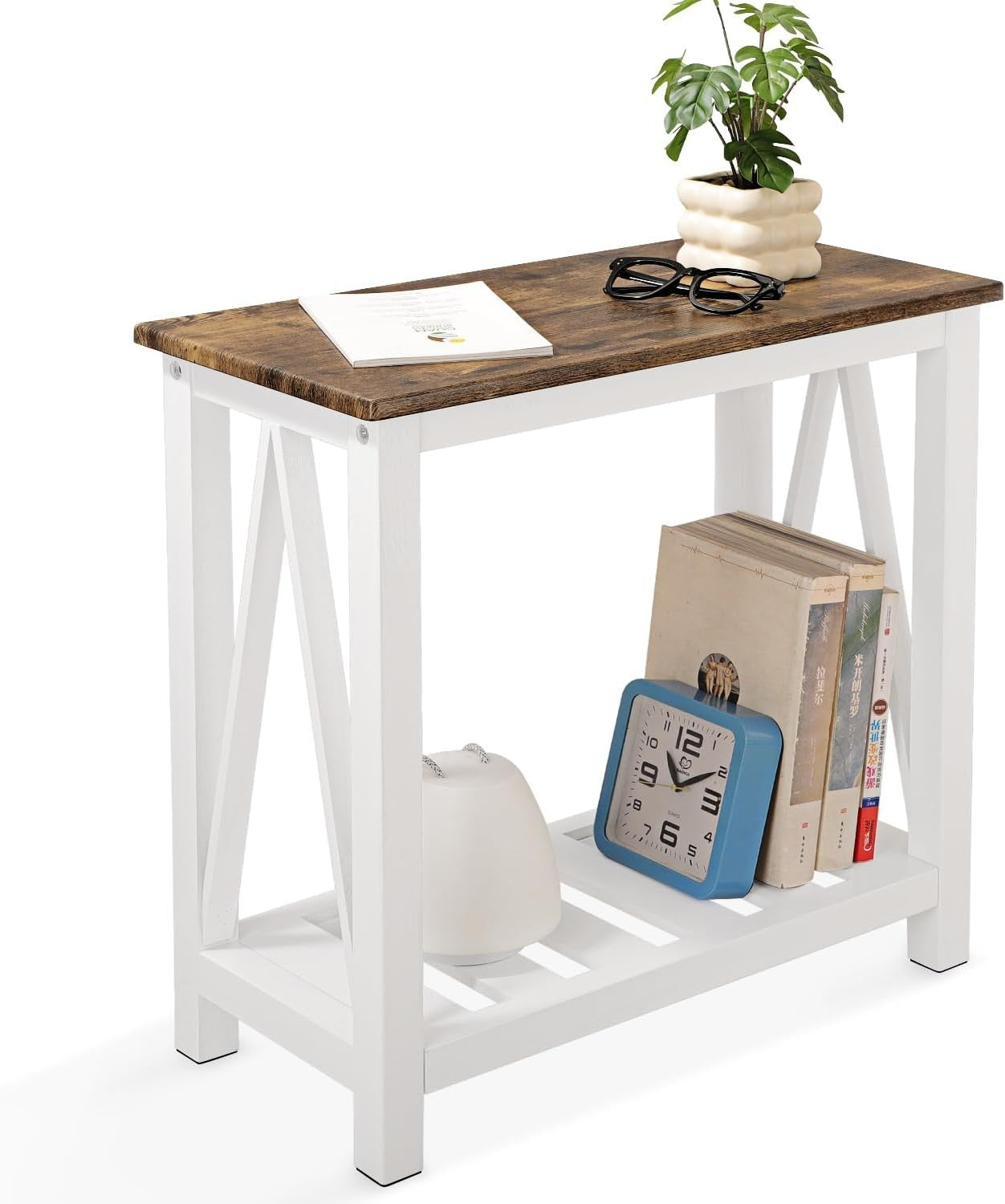 Narrow Brown & White Side Table with Storage Shelf, Rustic Nightstand