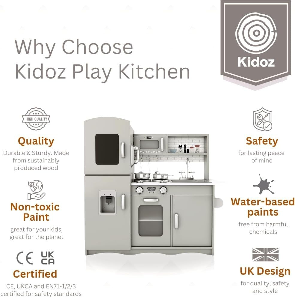 Large Wooden Kids Play Kitchen Lights Sounds Pretend Cooker Grey