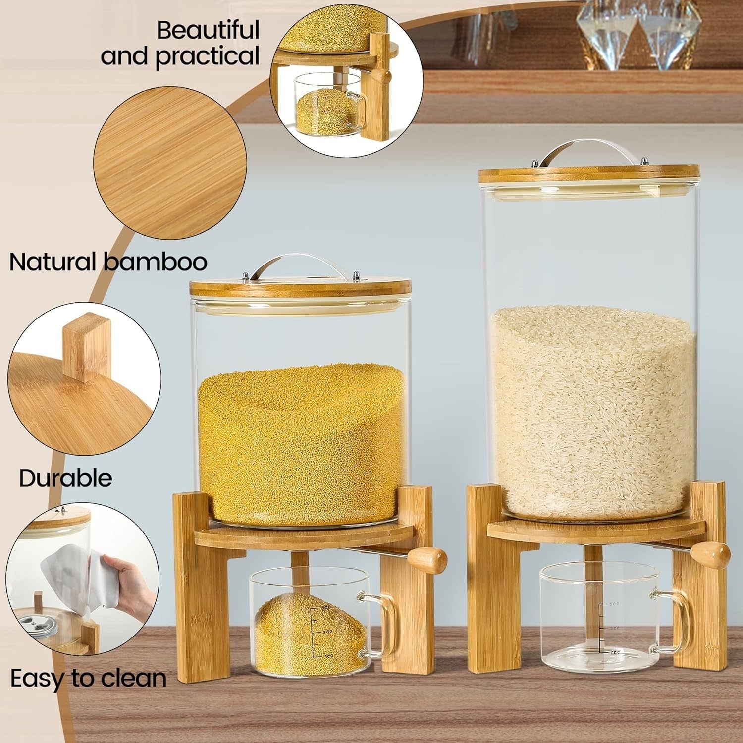 5L Glass Rice Dispenser Airtight Cereal Flour Container w Stand