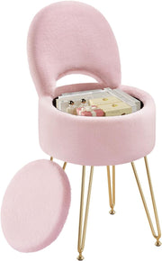 Pink Velvet Vanity Chair with Storage Foldable Backrest Footstool Small