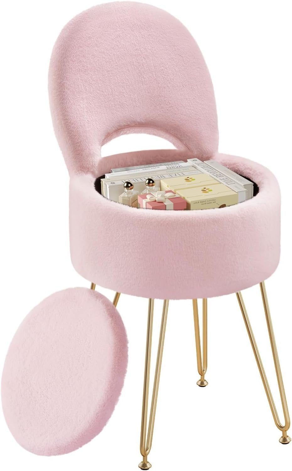 Pink Velvet Vanity Chair with Storage Foldable Backrest Footstool Small