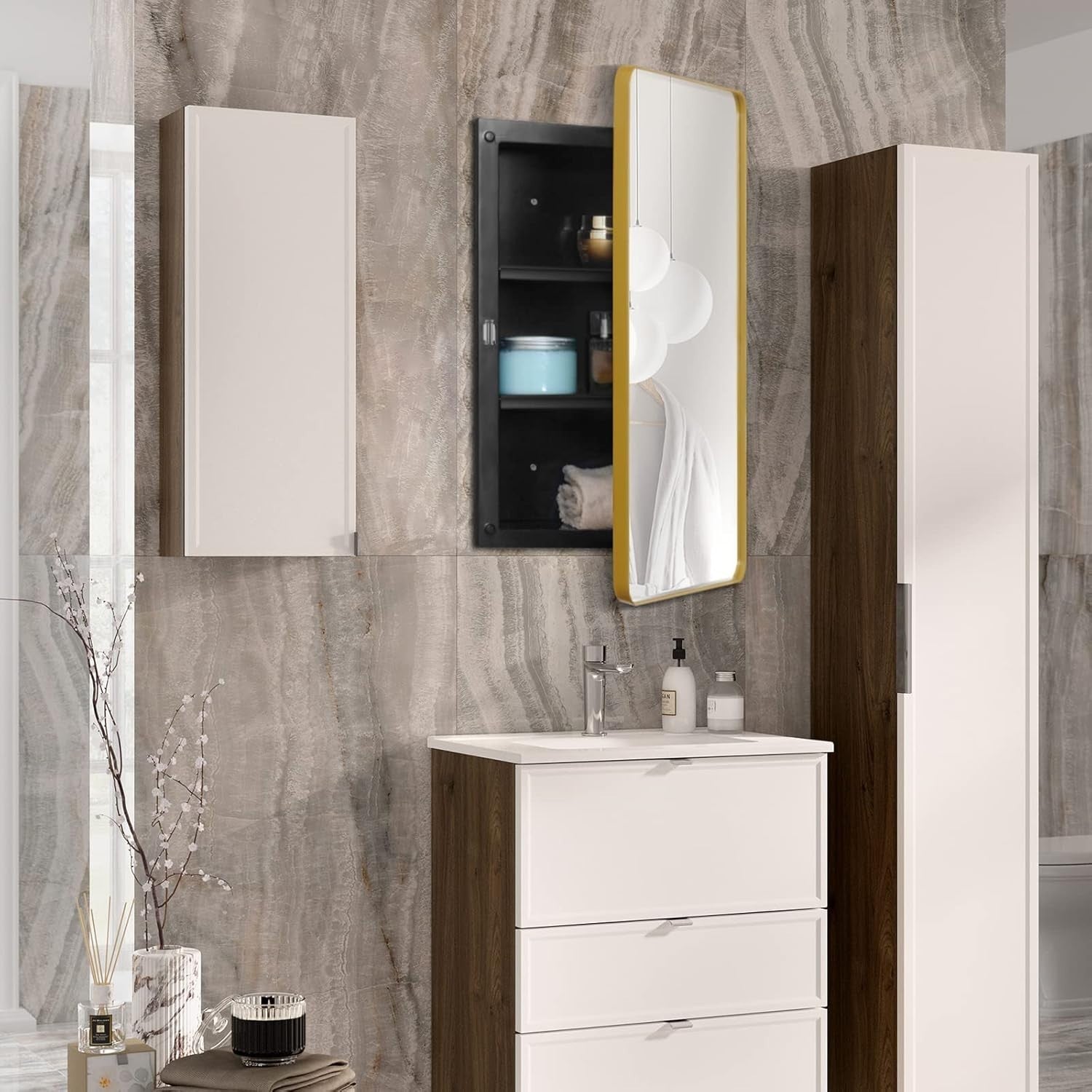 Wall-Mounted Plastic Mirror Cabinet with Adjustable Shelves & Golden Frame