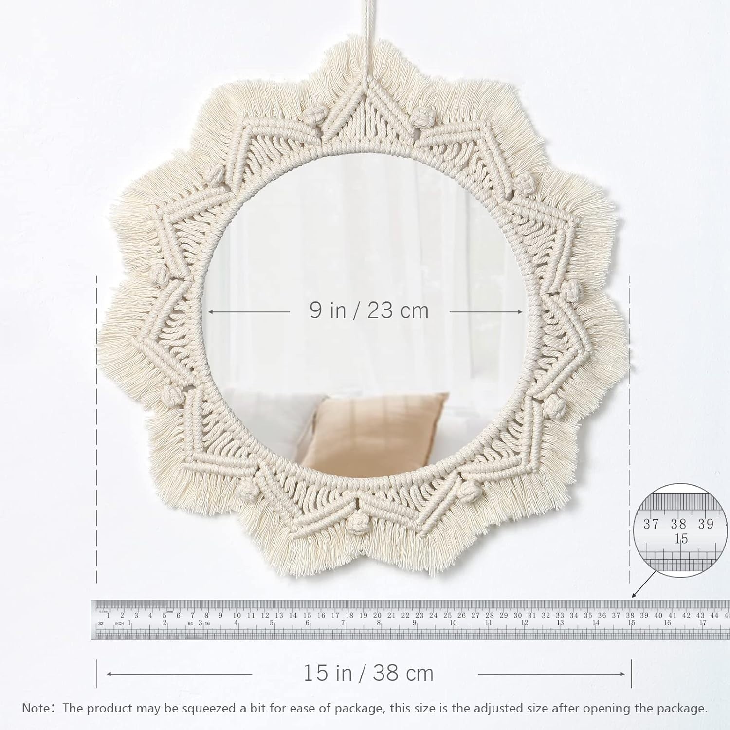 Beige Boho Macrame Wall Mirror 15" Round Decorative Art