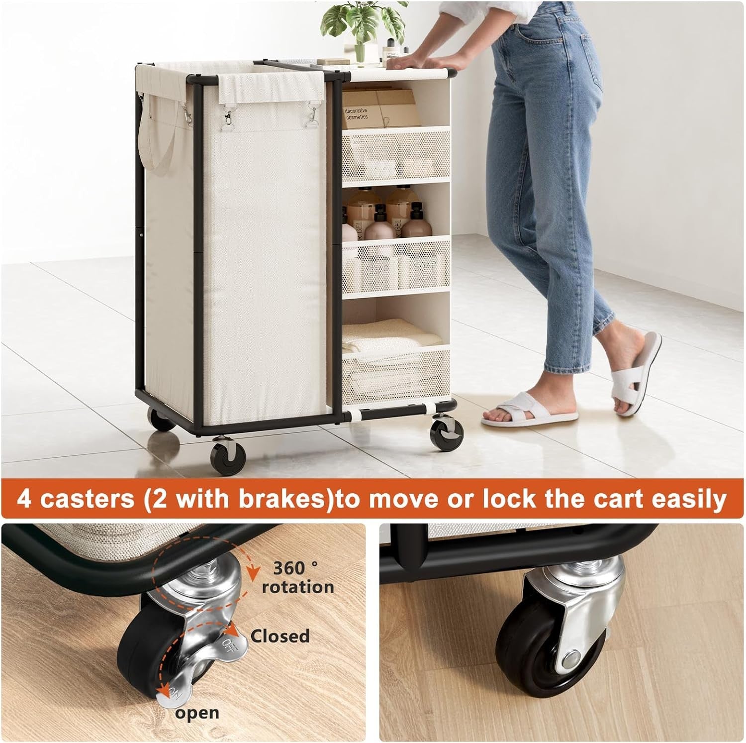 100L Rolling Laundry Sorter with Wheels Hanging Bag & Storage Shelves Beige