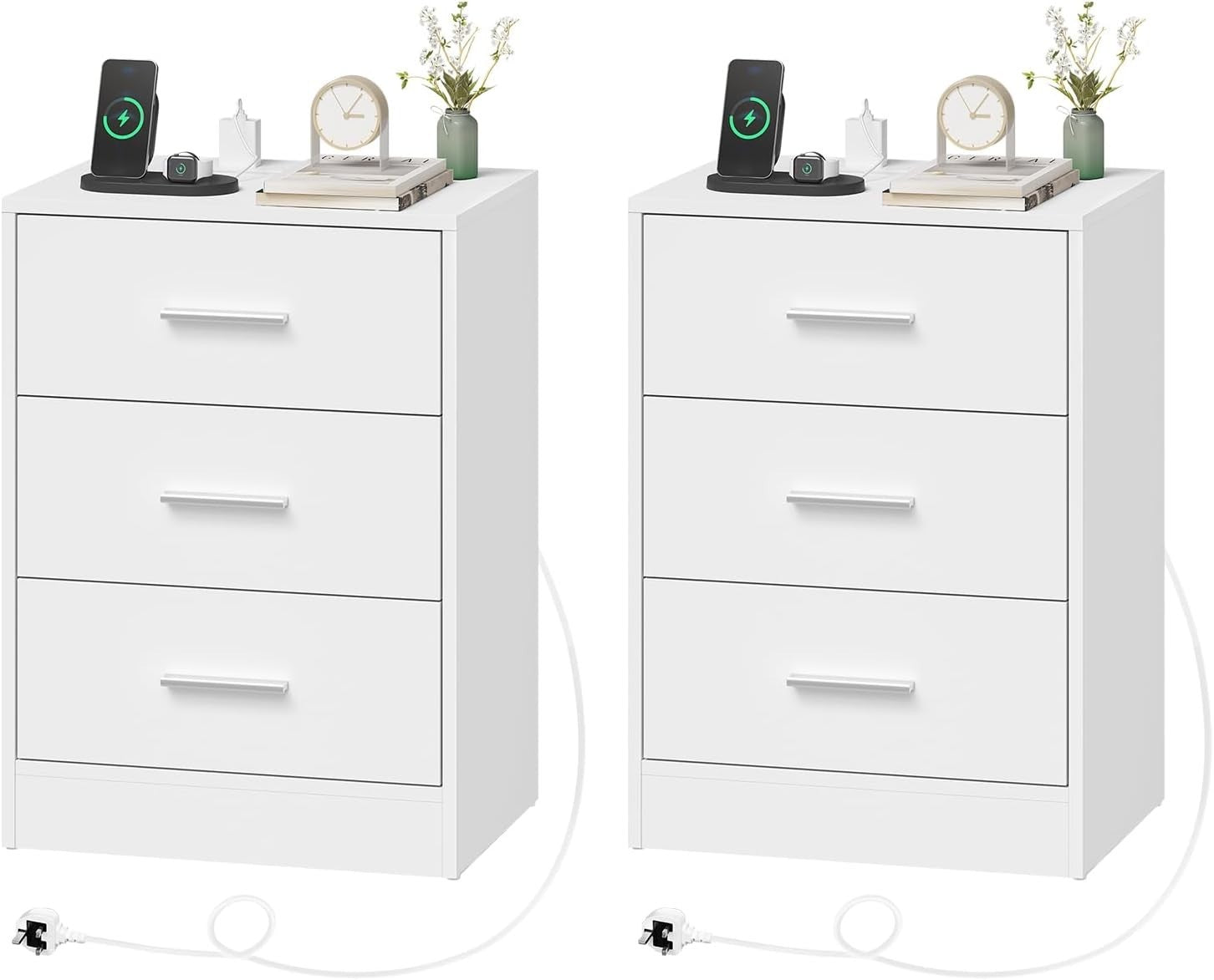 Pair of White 3 Drawer Bedside Tables with Charging Station – Modern Nightstands