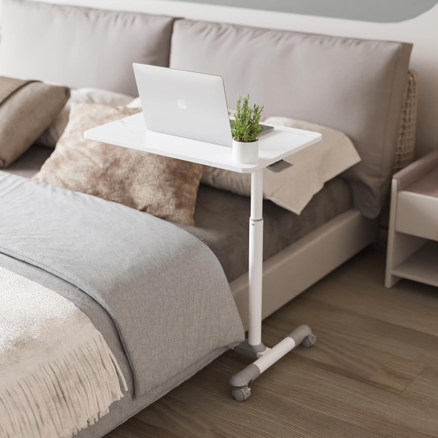 Marble White Overbed Table with Wheels Adjustable Hospital Bedside Laptop Desk