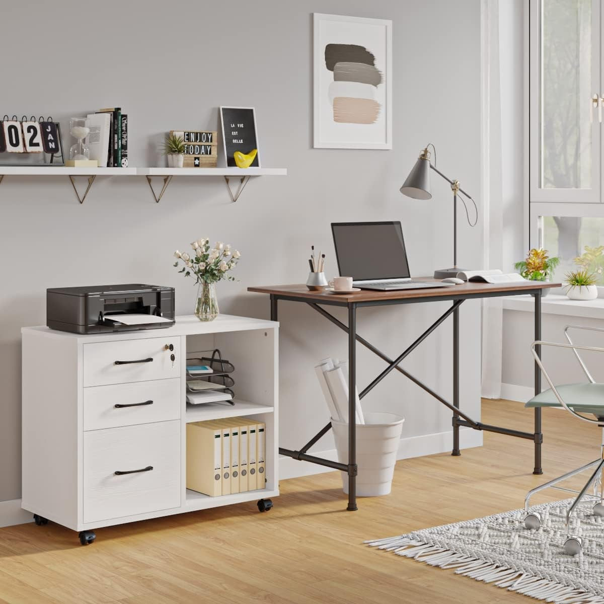 White Mobile File Cabinet 3 Drawer Lockable Printer Stand w/ Open Shelves