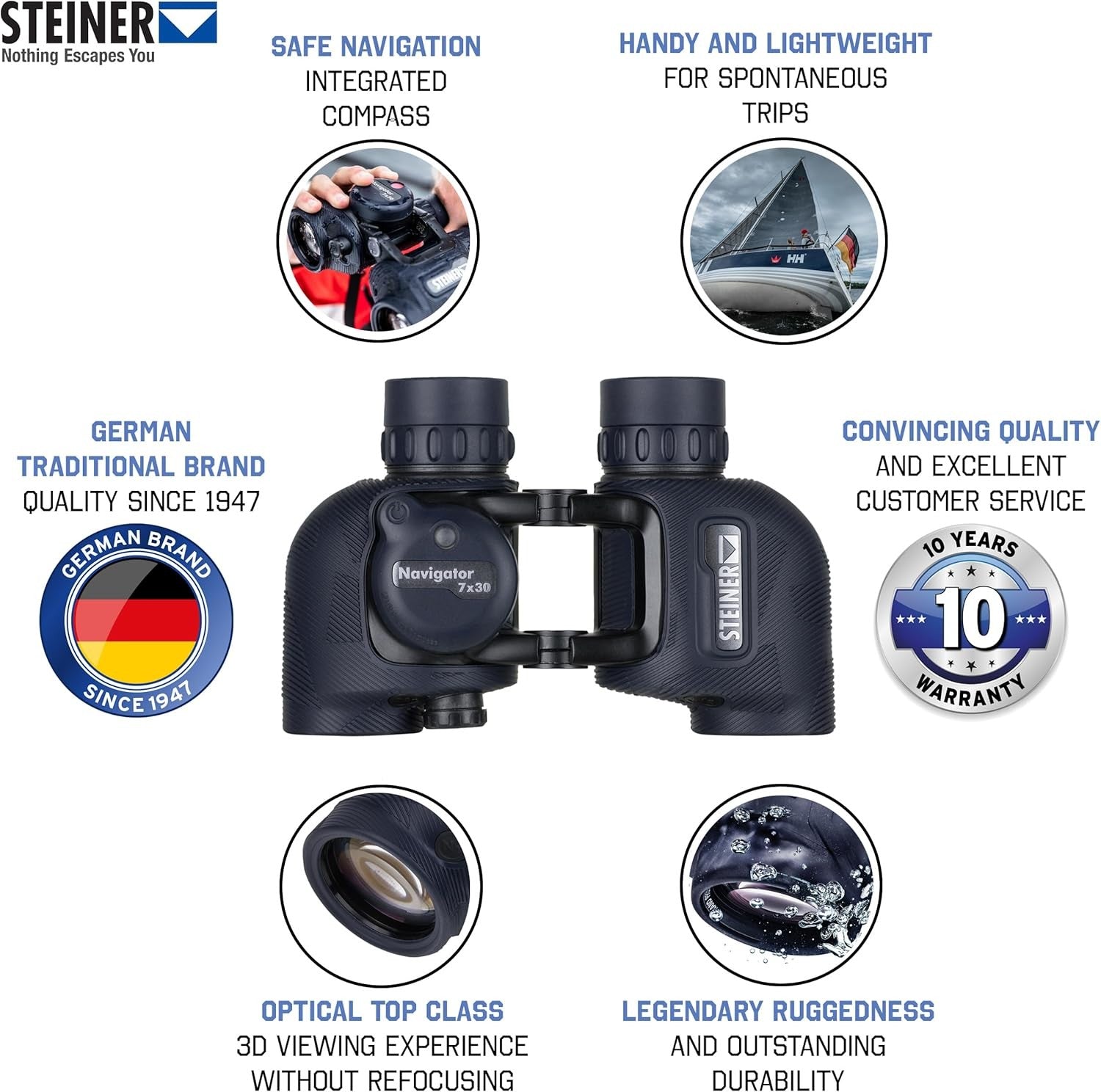 7x30 Marine Binoculars with Compass – HD Waterproof Optics, Wide View, Rugged De