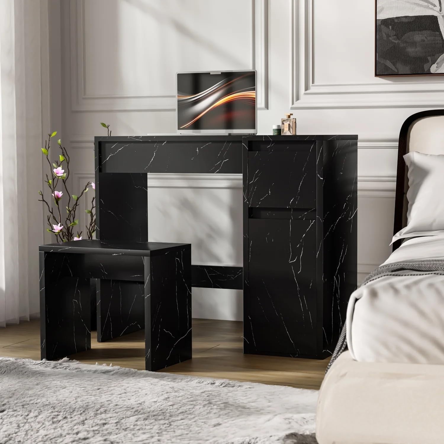 2-in-1 Vanity Desk Makeup Table Flip Mirror Storage Stool Black Marble Wood