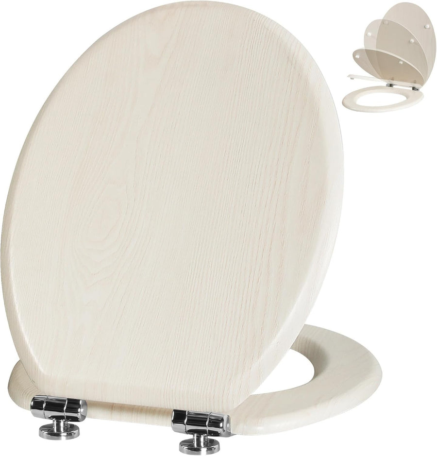 Wooden Toilet Seat Soft Close Quick Release Oval Creamy White Oak 45x37cm