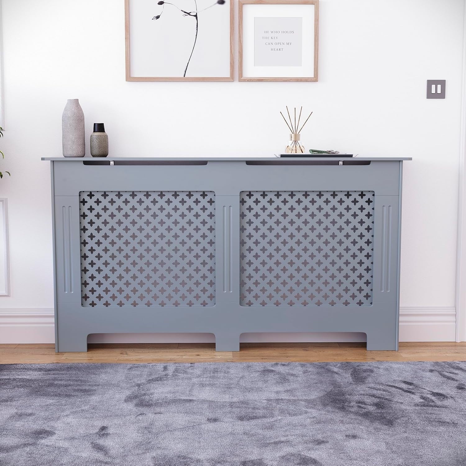 Grey Radiator Cover Large Modern Cross Design MDF Painted Heat Efficient