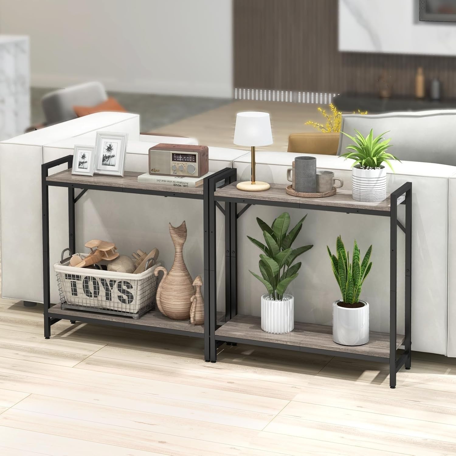 Narrow Console Table with 2-Tier Storage & Support Bars, Industrial Style