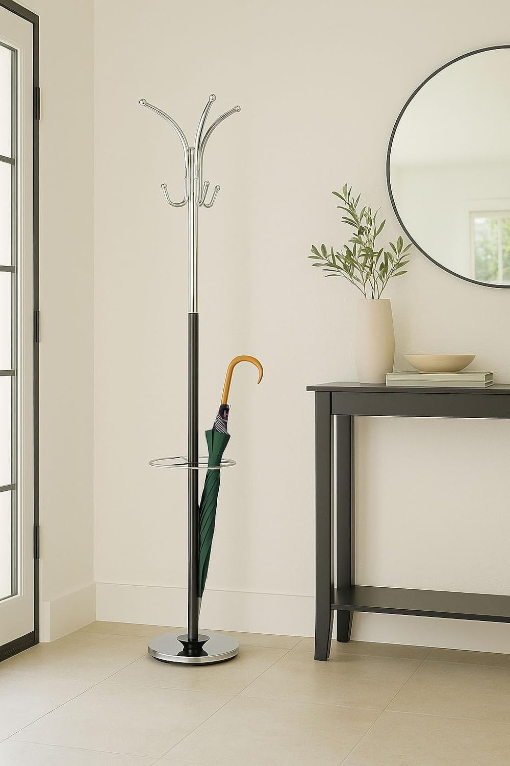 Chrome & Black Metal Coat Rack | Free Standing Hall Tree with Umbrella Base