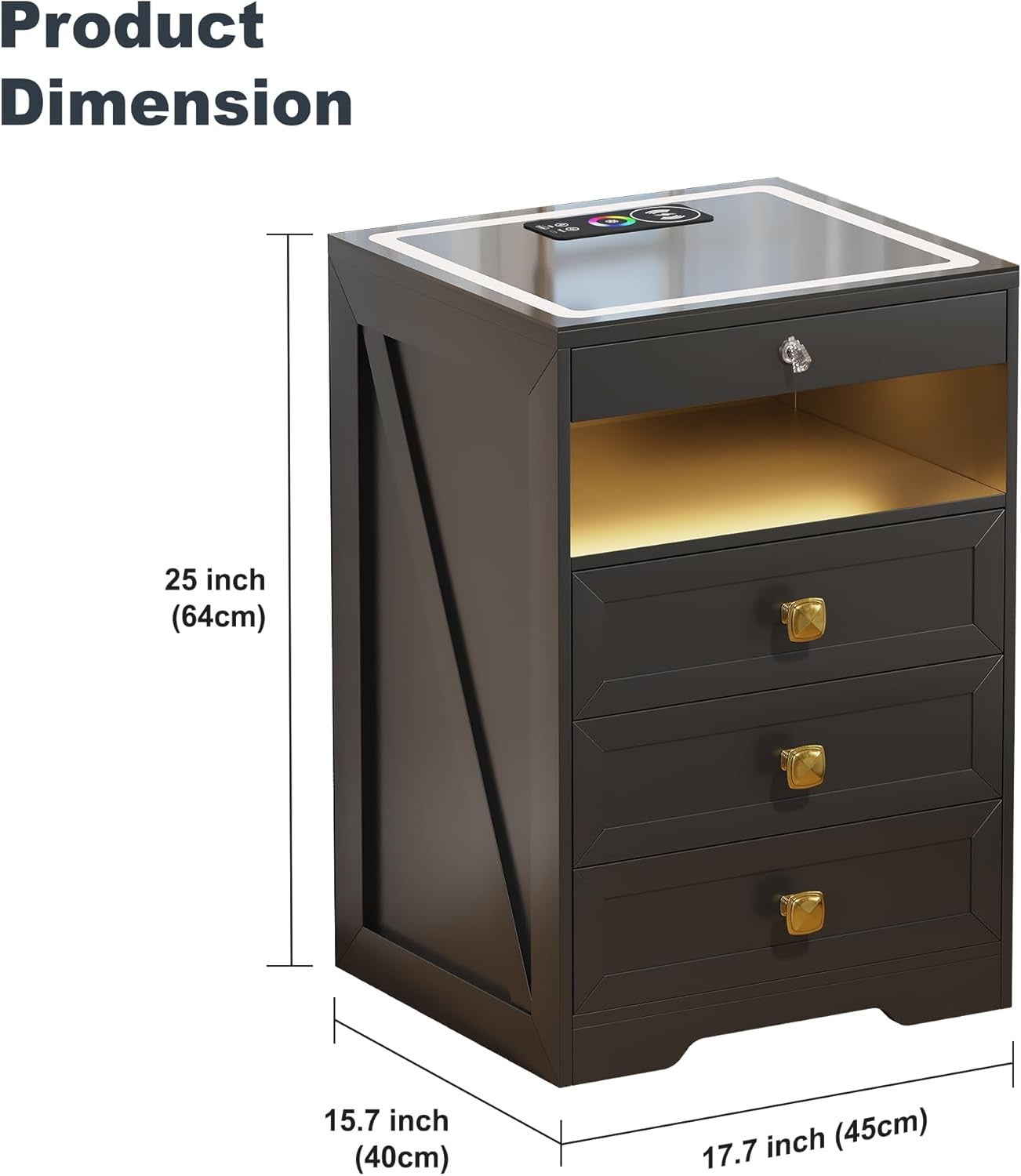Set of 2 Black LED Bedside Tables with Wireless Charging, Glass Top & Hidden Dra