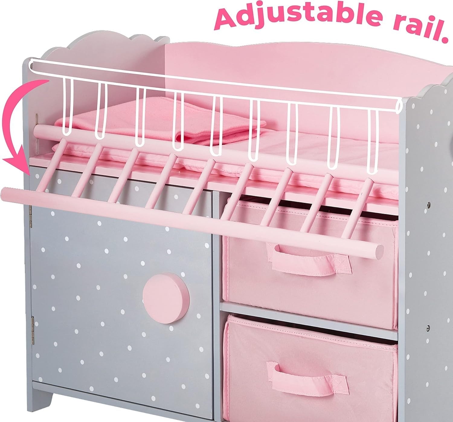 Wooden Baby Doll Cot w Storage Cushion Bedding Mobile Grey Pink 57x31x79cm