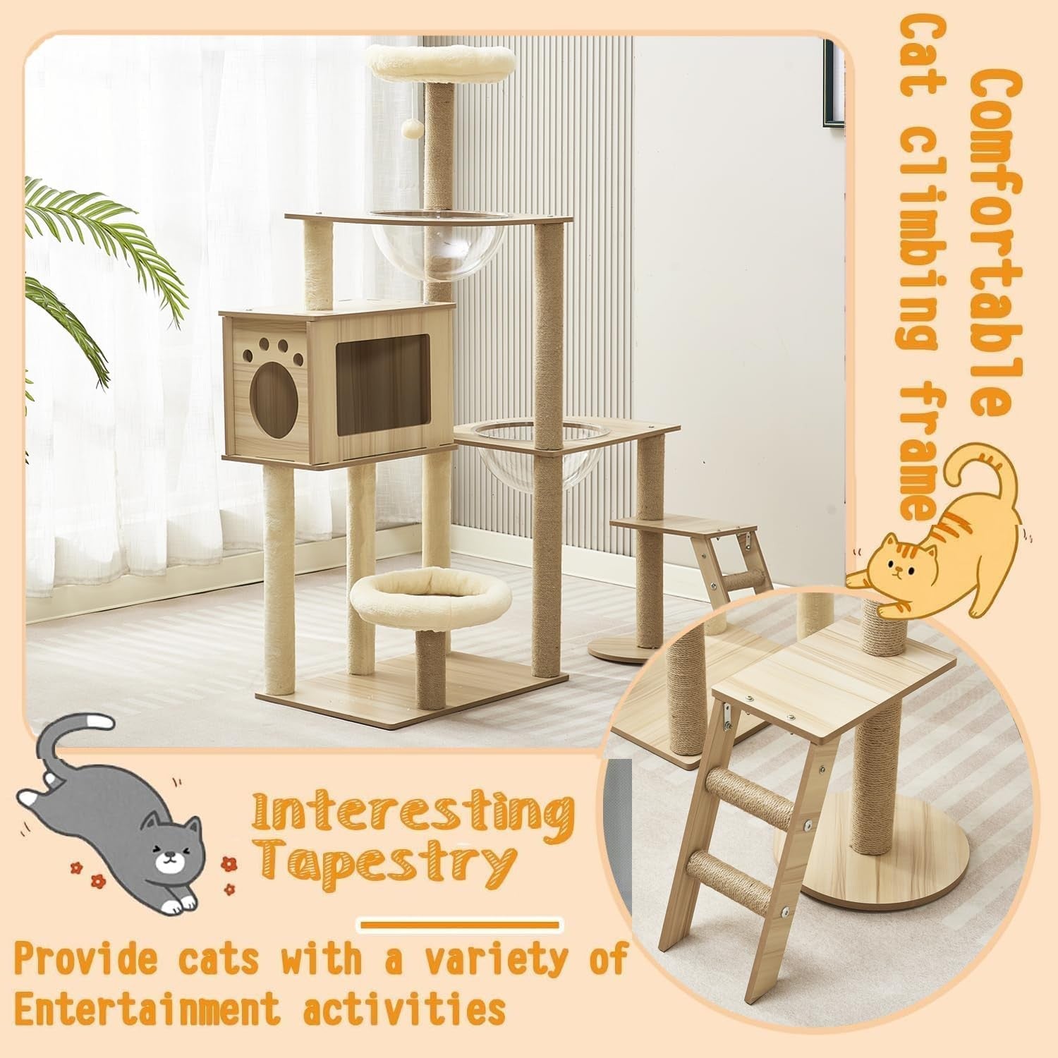 137cm Cat Tree Tower Condo Bowls Ladder Plush Perches Scratching Posts