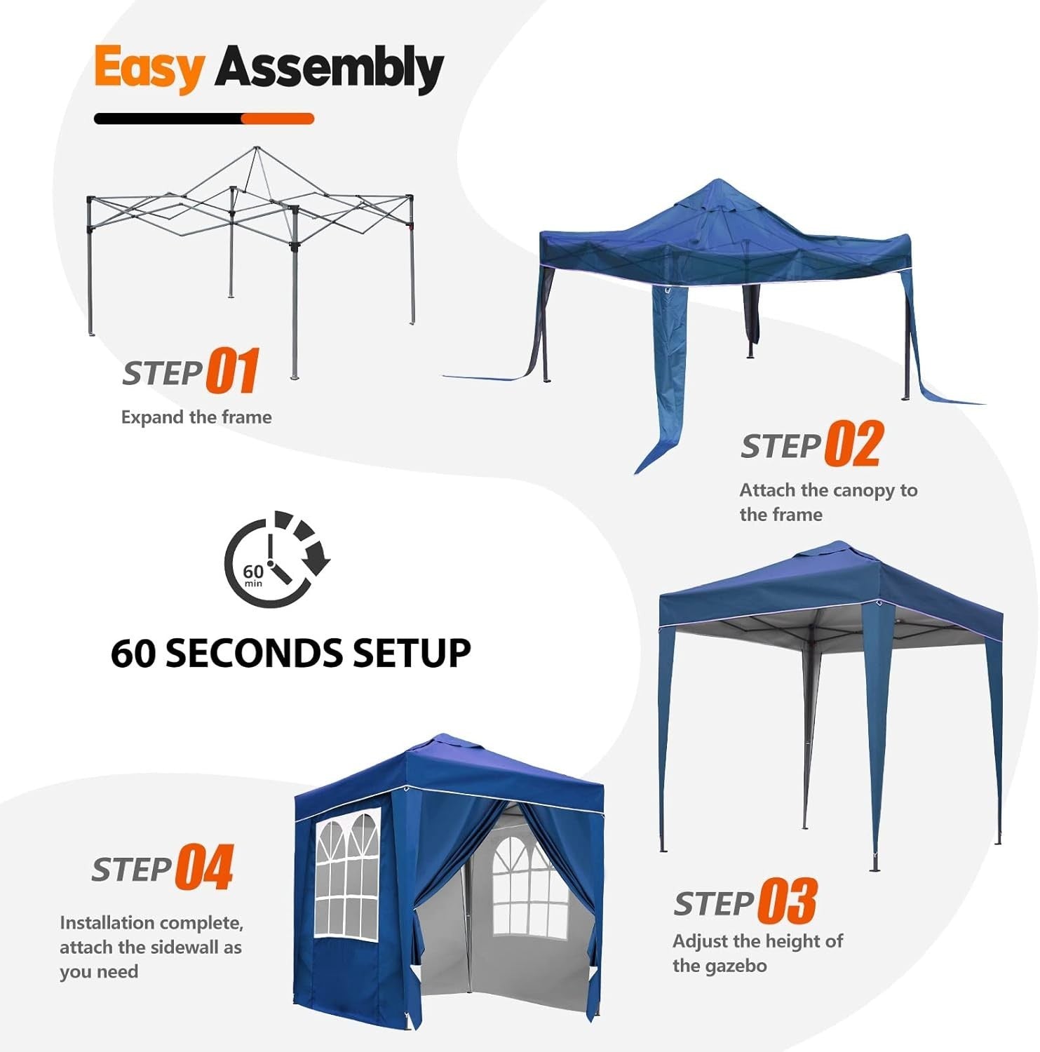 2x2M Blue Pop Up Gazebo With Removable Sides Waterproof Outdoor Tent