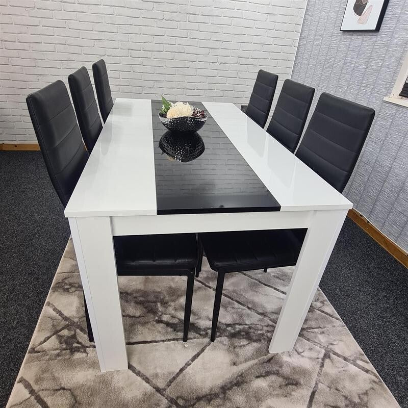 6 Seater Dining Table Set White Black Chairs Modern Kitchen Room MDF 140cm