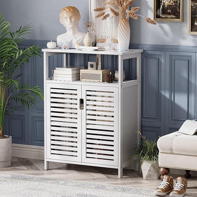 White Bamboo Storage Cabinet with Shutter Doors & Open Shelf 60x30x80cm