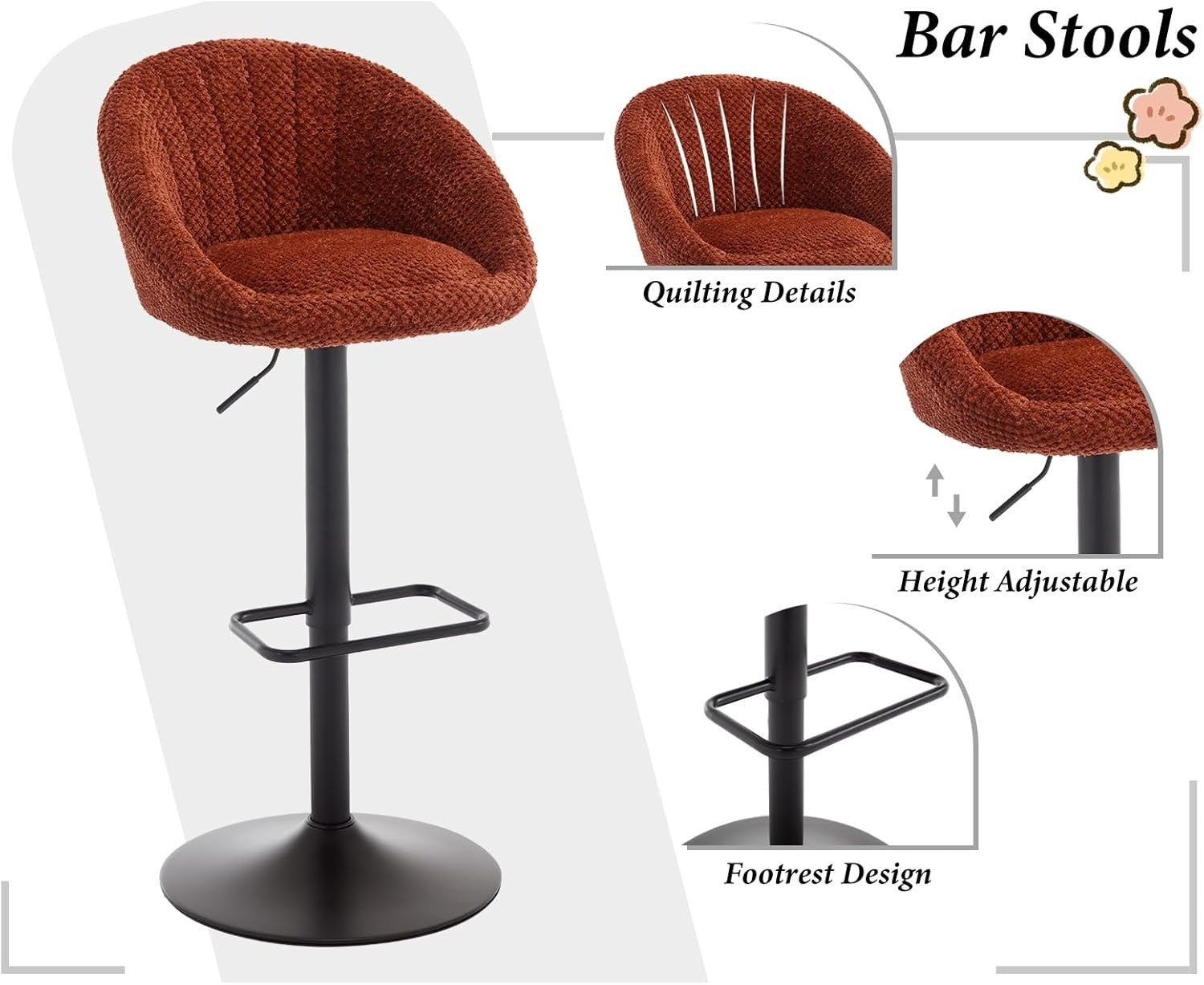 Bar Stools Set of 2 | Brown L-Shaped Adjustable PU Counter Chairs