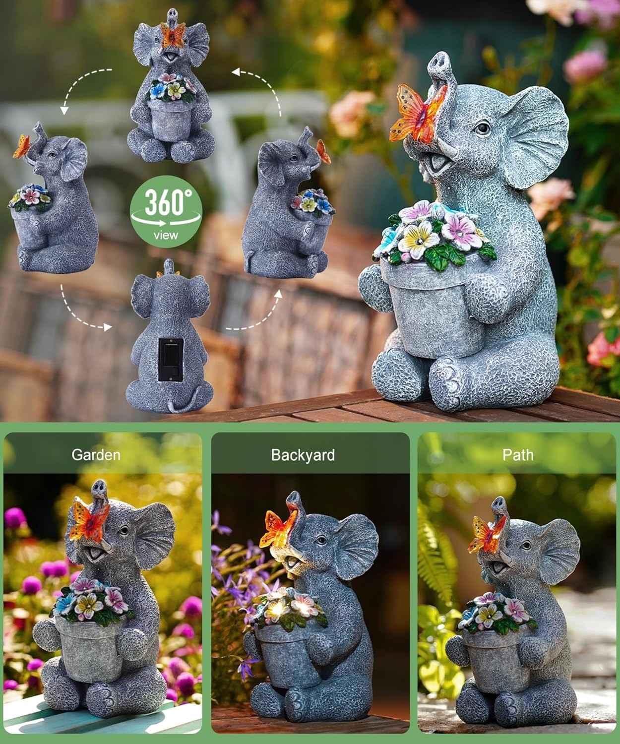Solar Elephant Garden Ornament with Butterfly Light Resin Outdoor Decor Gift