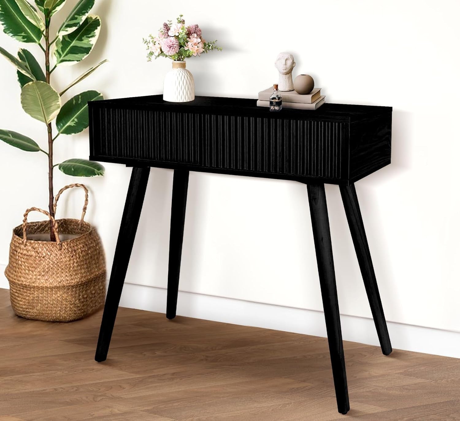 Slim Black Console Table with Fluted Drawer, Narrow Entryway Desk