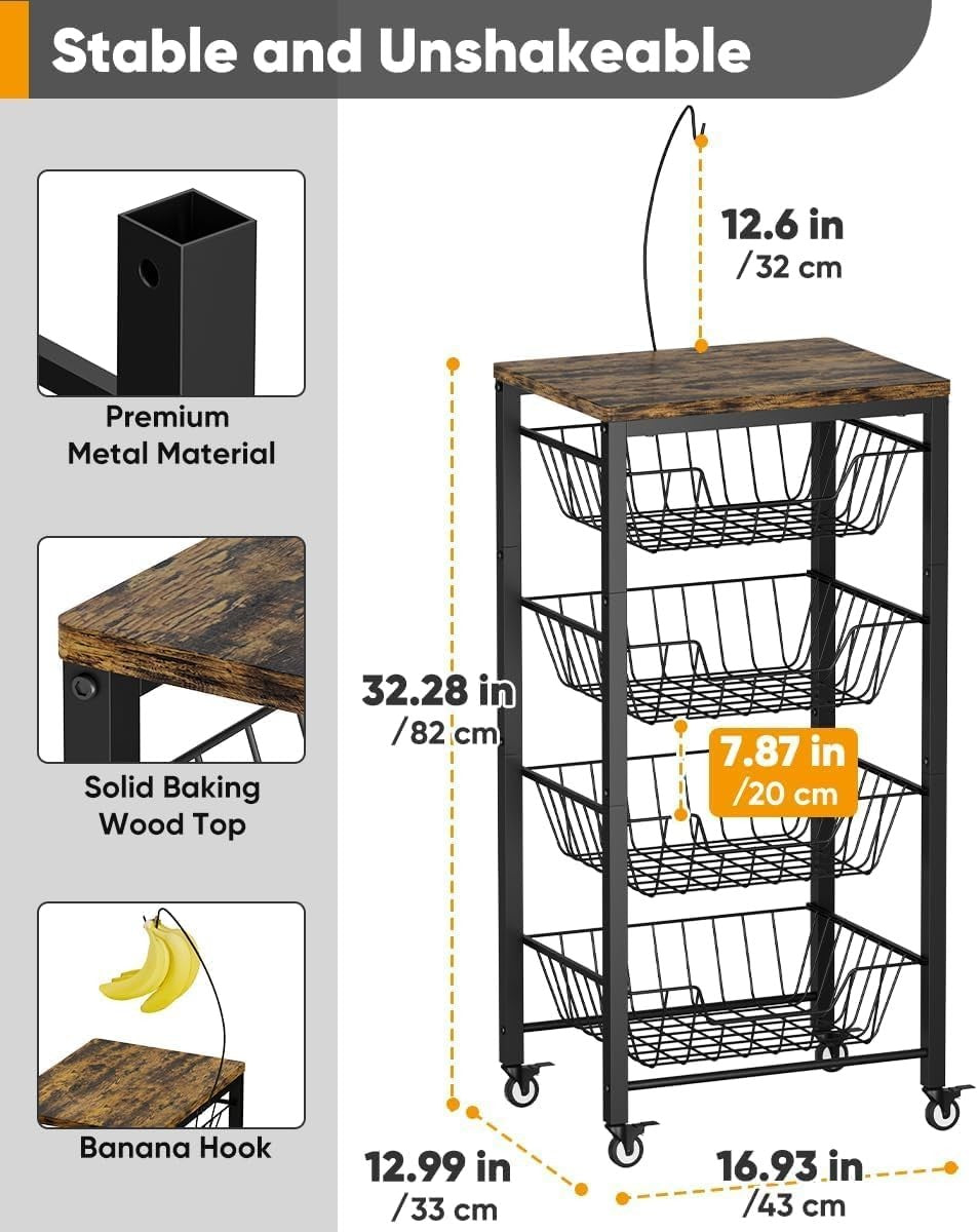 5 Tier Kitchen Storage Cart Pull Out Wire Baskets Fruit Vegetable Trolley