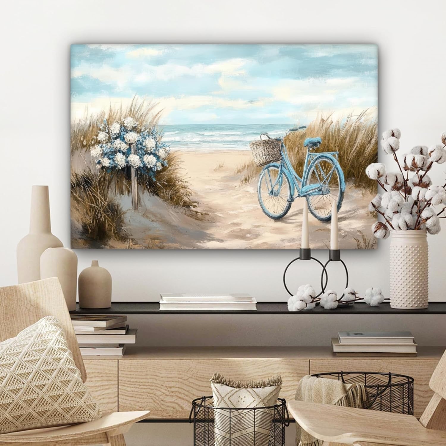 Beach Canvas Wall Art 60x40cm Framed Sea Bike Vintage