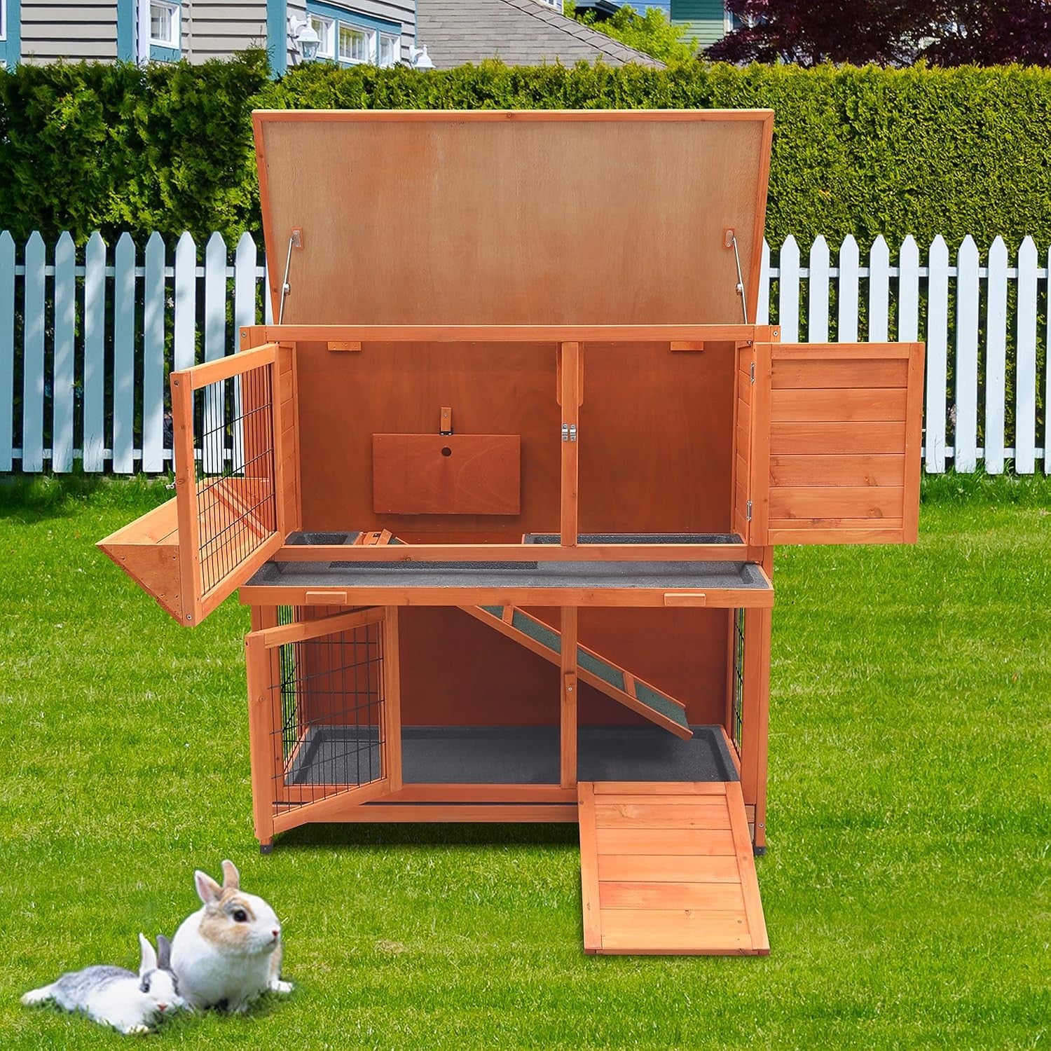 Large 2 Tier Rabbit Hutch Double Decker Cage with Ramp Sliding Trays