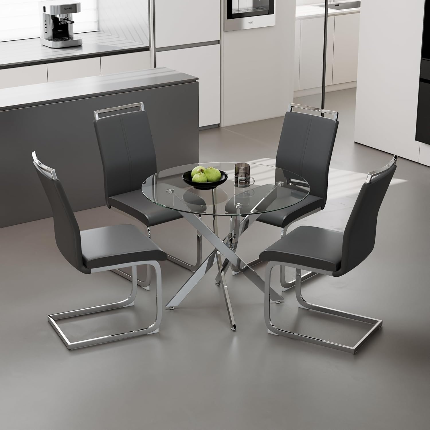 Round 100cm Glass Dining Table 4 Chrome Chairs Kitchen Modern Set
